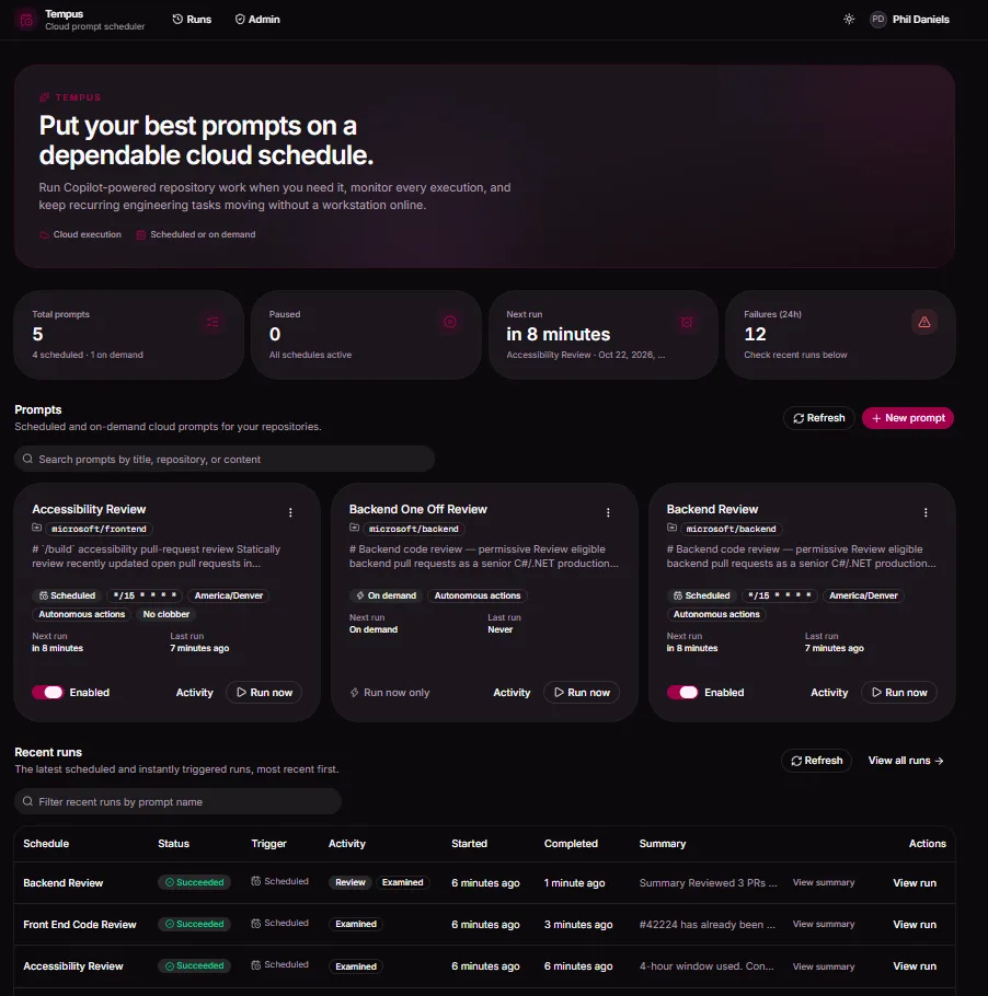 Tempus dashboard showing scheduled Copilot-powered repository prompts and recent runs
