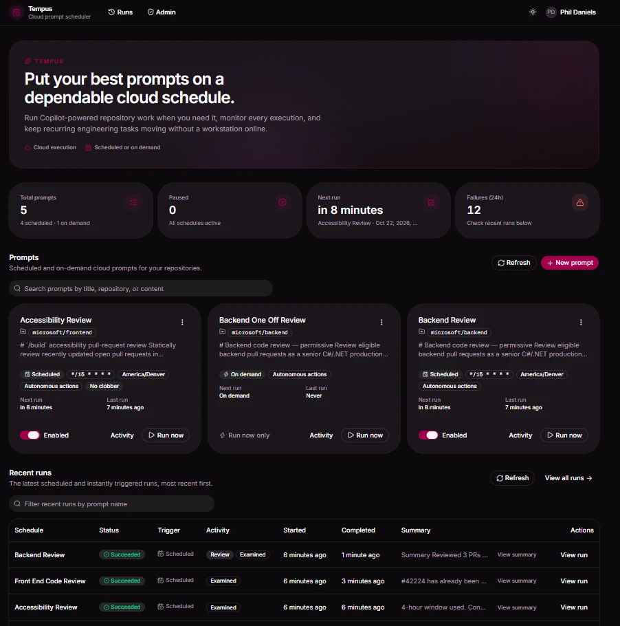 Tempus dashboard with prompt schedules, execution status, and recent runs