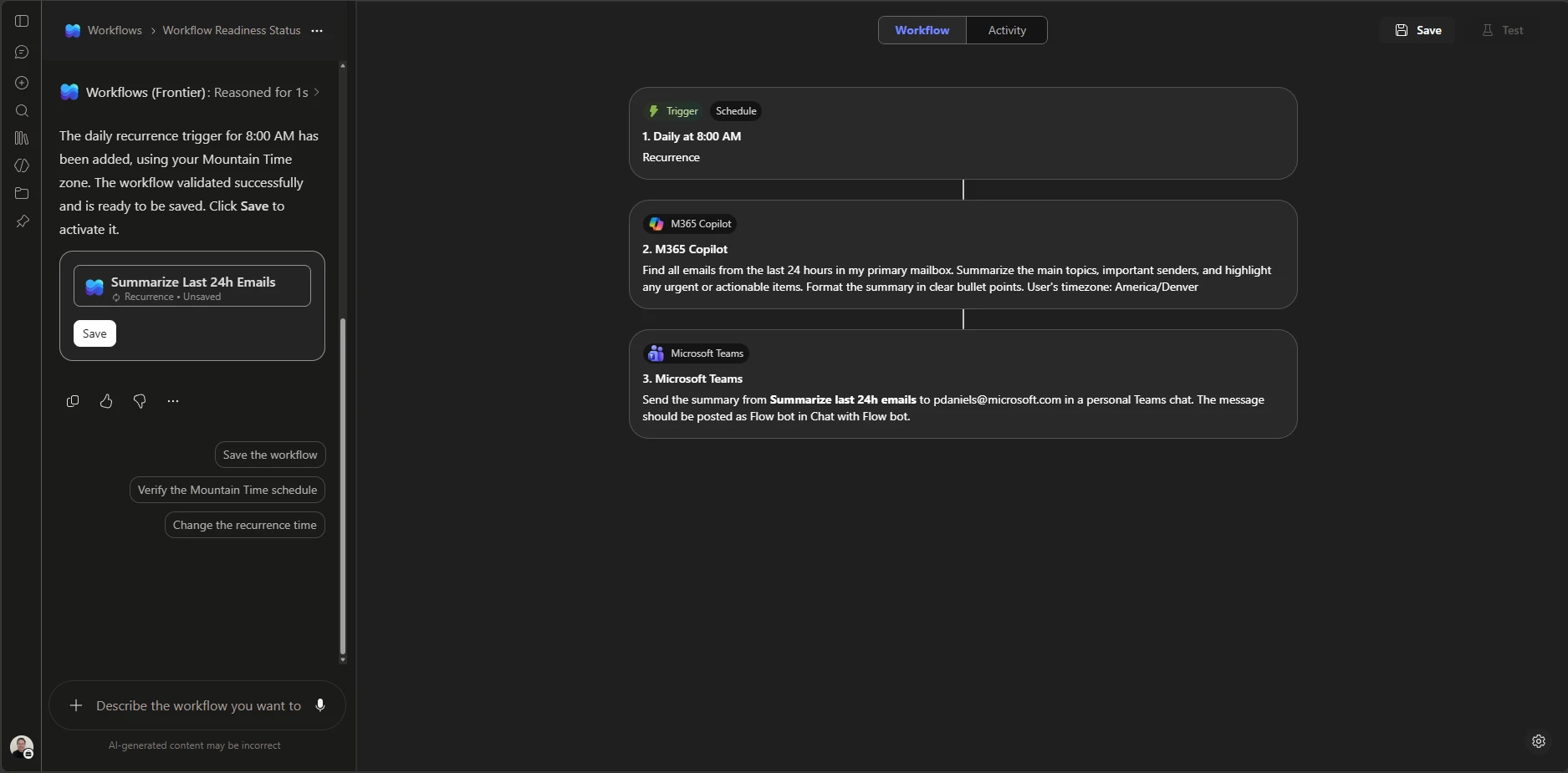 Workflows Agent chat beside a generated Microsoft 365 workflow