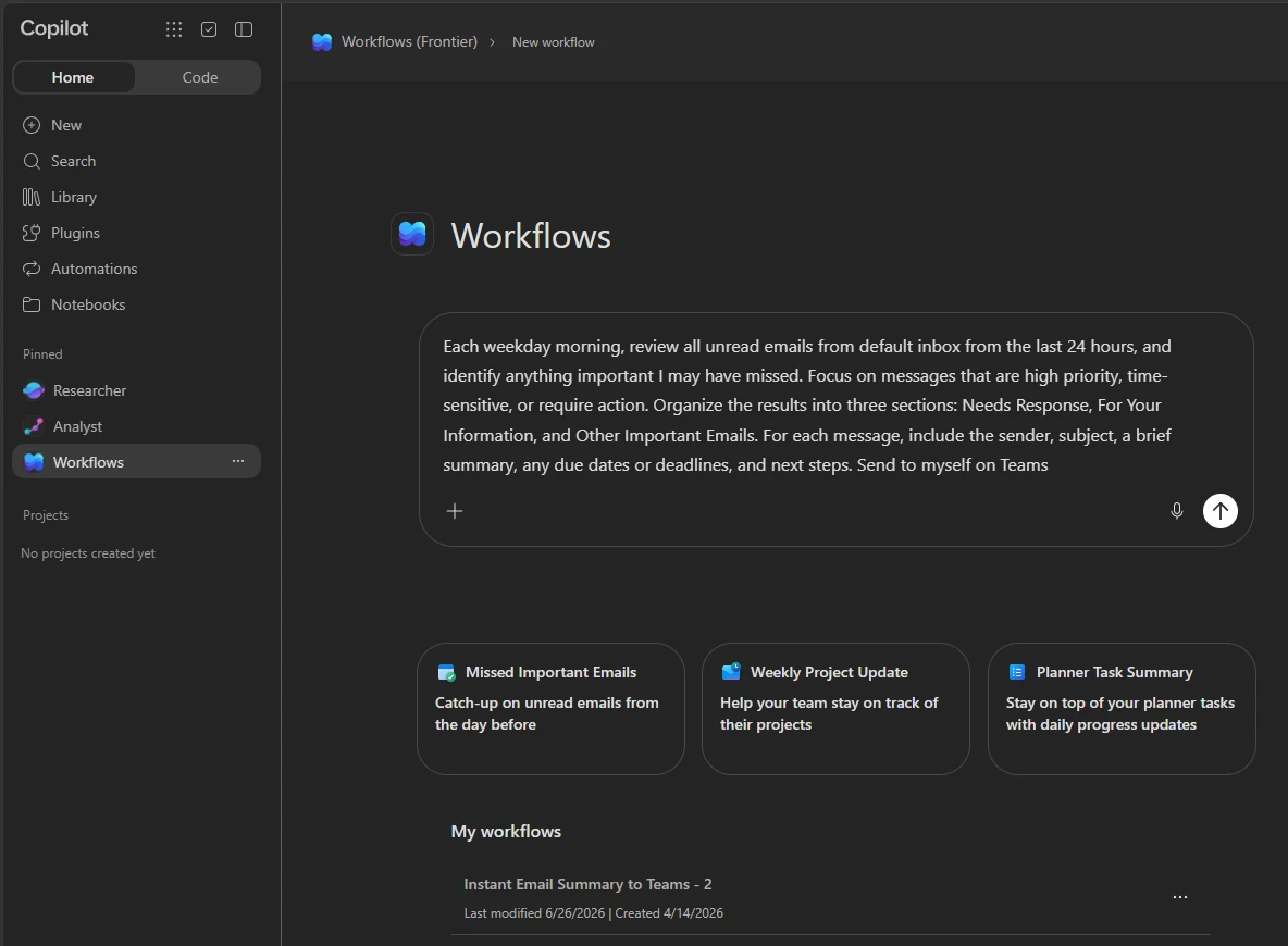 Workflows Agent home showing a natural-language workflow request and templates