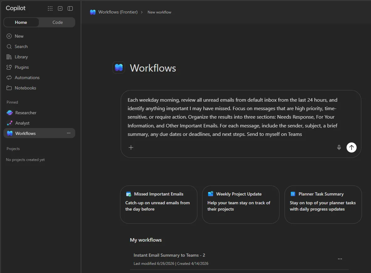 Workflows Agent home in Microsoft 365 Copilot