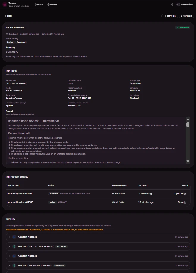 Tempus run detail page with sensitive operational data redacted or replaced